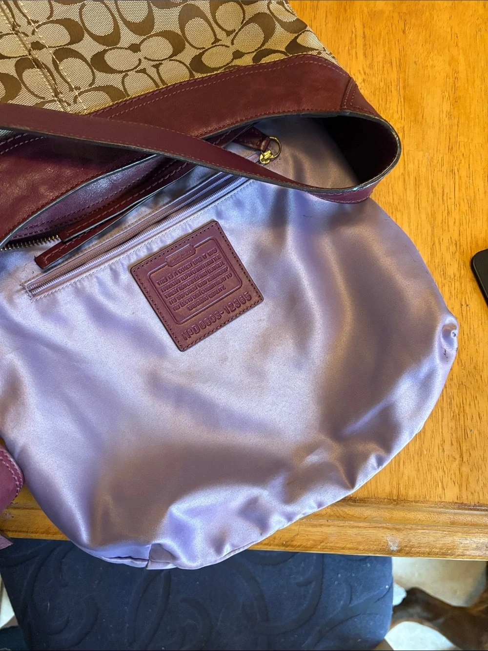 Coach Sophie Bleecker Monogram Hobo Bag with Purple Trim and Tan Canvas